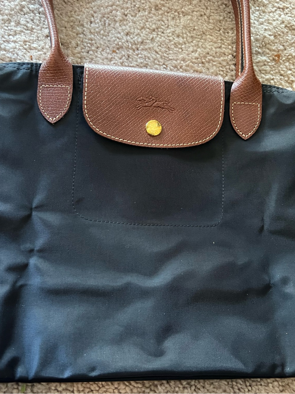 Longchamp Navy Nylon Shoulder Bag with Brown Leather Trim